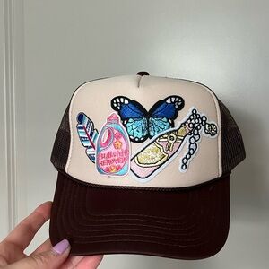Brown and Cream Trucker Hat with Butterfly Design